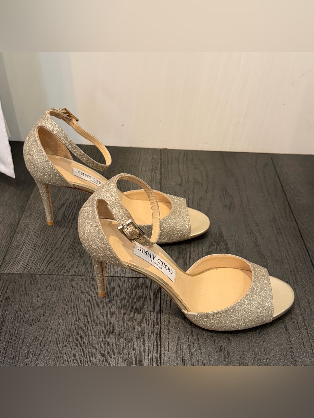 Jimmy Choo Gold Glitter Ankle-Strap Open-Toe Heels